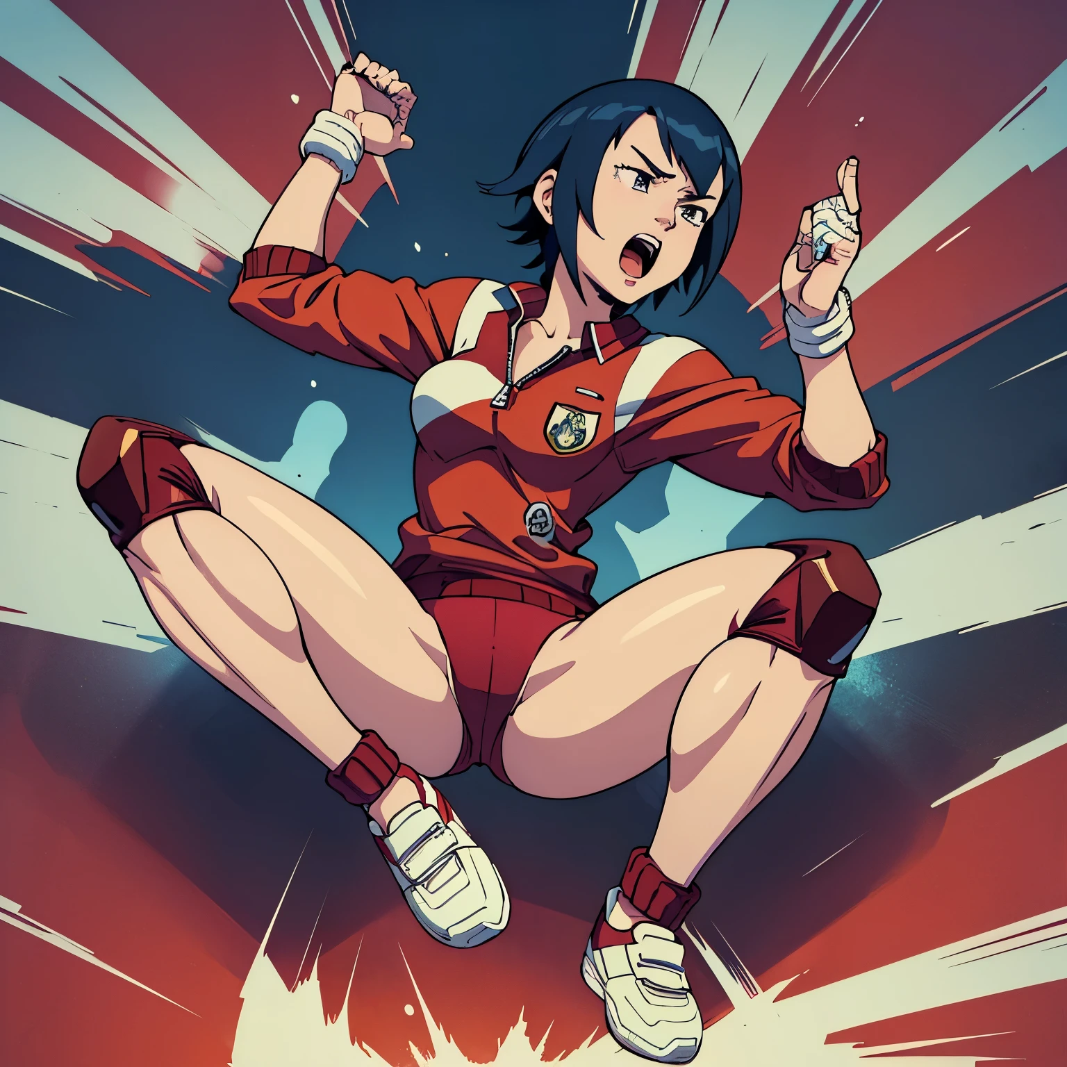 (masterpiece), Highest quality, Expressive eyes, Perfect Face,
(Scream Open Thighs),
,Ayuhara Natsu Short Hair, Red jacket, short shorts, bandages, knee pads, sneakers,M-shaped legs,