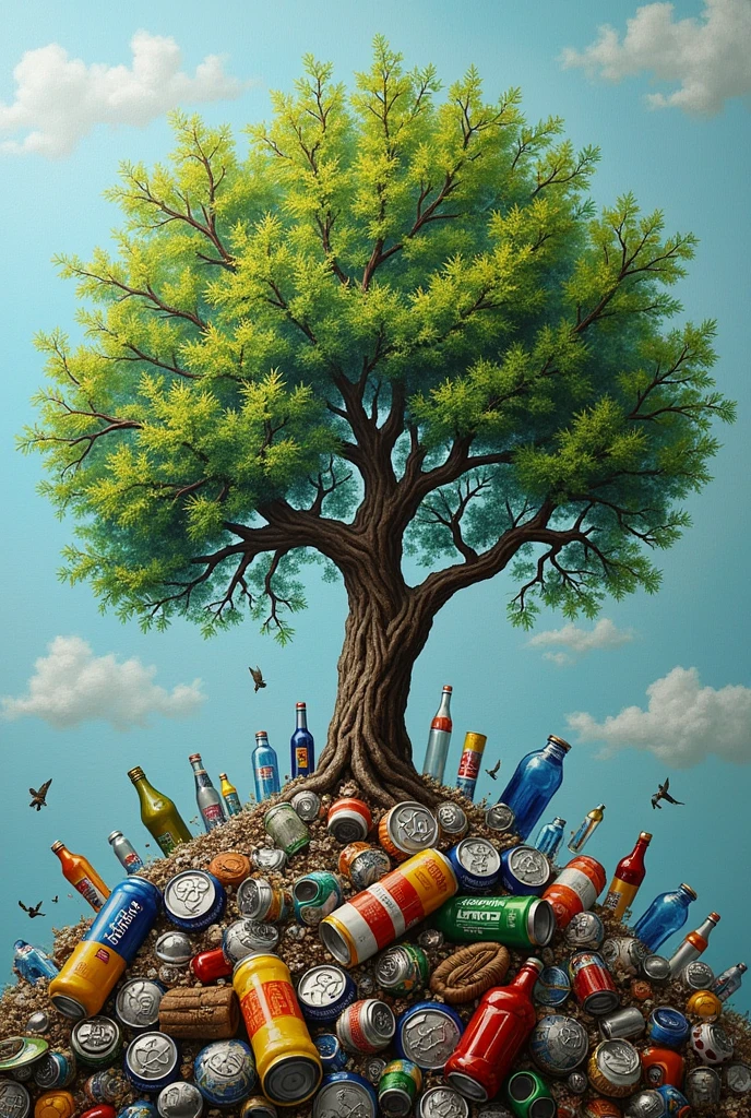 an art with the theme of recycling with trees and recycling items to raise awareness about recycling