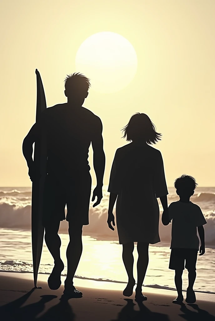 I wanted a silhouette of my son, my husband and his deceased father walking on the beach, His father is carrying a surfboard in his hand. My husband is not very muscular and his father did not die very old., It would be for a tattoo. there are 2 adult men and 1 child, is it possible to put a smaller child a little? and less muscular men?
there are 3 men and it can be black and white?
There are other options? with the beach and sun more apparent