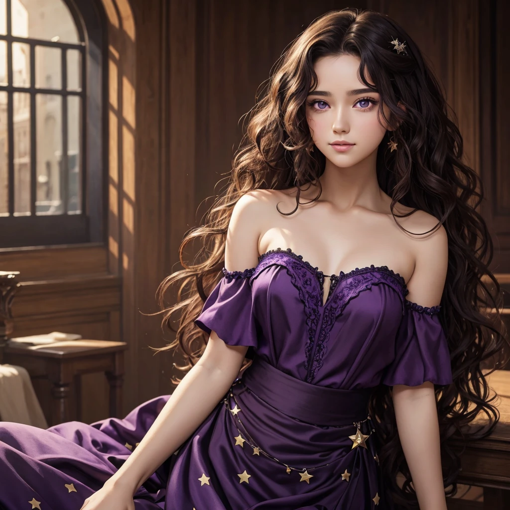 detailed background, masterpiece, best quality, 1 person , curly hair, long hair, purple eyes, star in eye , Strapless blouse, long skirt