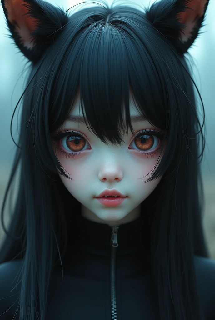 black hair, hair silky hair, wince, long eyelashes, solid circle eyes, fake animal ears, light smile, ear blush, fang, Surrealism, drop shadow, anaglyph, stereogram, tachi-e, pov, atmospheric perspective, 8k, super detail, accurate, best quality