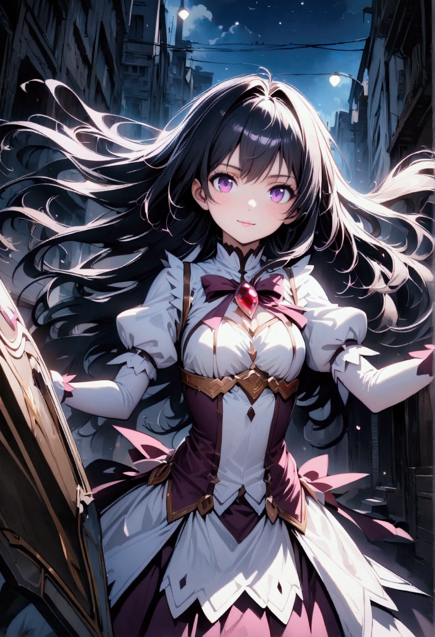 1girl, solo, super fine illustration, an extremely delicate and beautiful, best quality, masterpiece, 8K, Homura Akemi, Puella Magi Madoka Magica, long black hair, purple eyes, cool beauty, stoic expression with subtle smile, magical girl outfit, purple and white color scheme, diamond-shaped soul gem, shield with gears, time manipulation theme, school uniform, flowing hair, dynamic pose, intense gaze, urban nightscape background, magical effects, floating clockwork, intricate details, photorealistic style, high contrast lighting, cinematic composition, official art style, flawless AI-assisted artwork, world-class quality