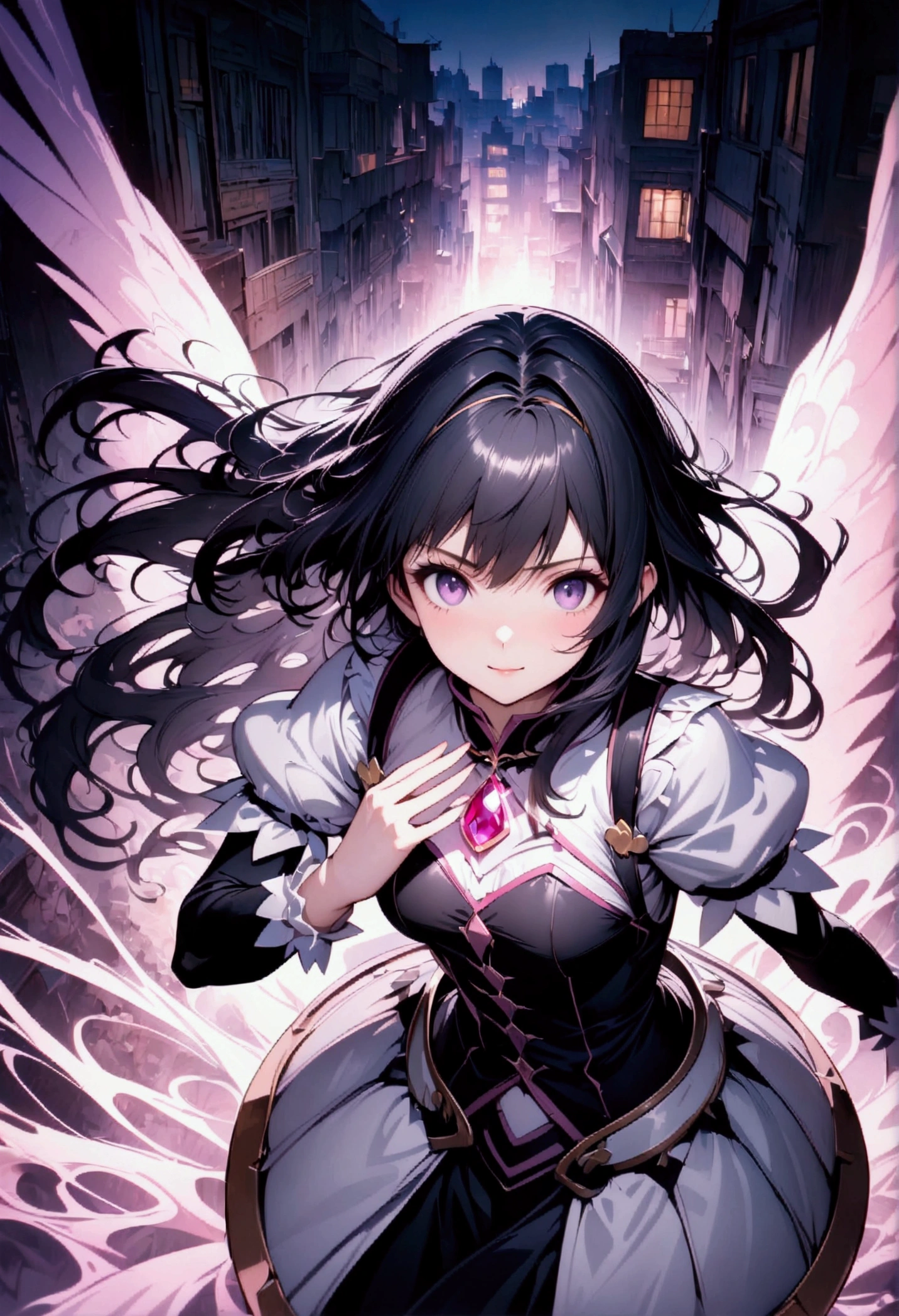 1girl, solo, super fine illustration, an extremely delicate and beautiful, best quality, masterpiece, 8K, Homura Akemi, Puella Magi Madoka Magica, long black hair, purple eyes, cool beauty, stoic expression with subtle smile, magical girl outfit, purple and white color scheme, diamond-shaped soul gem, shield with gears, time manipulation theme, school uniform, flowing hair, dynamic pose, intense gaze, urban nightscape background, magical effects, floating clockwork, intricate details, photorealistic style, high contrast lighting, cinematic composition, official art style, flawless AI-assisted artwork, world-class quality