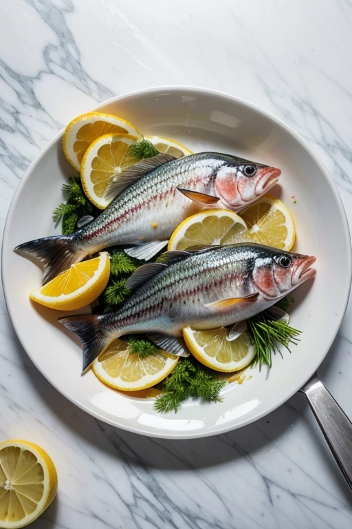 A beautifully arranged display of fresh, sliced fish fillets on a clean, white marble countertop. The fillets are vibrant, with rich hues of pink and orange, showcasing the freshness and quality of the fish. Surrounding the fish, there are lemon wedges, sprigs of fresh dill, and a sprinkle of coarse sea salt, hinting at a delicious, healthy meal. The knife used for cutting the fish rests nearby, its blade gleaming. The background features soft, natural light that highlights the moist, glistening texture of the fish, creating an appetizing and elegant presentation