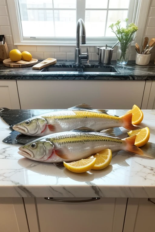 A beautifully arranged display of fresh, sliced fish fillets on a clean, white marble countertop. The fillets are vibrant, with rich hues of pink and orange, showcasing the freshness and quality of the fish. Surrounding the fish, there are lemon wedges, sprigs of fresh dill, and a sprinkle of coarse sea salt, hinting at a delicious, healthy meal. The knife used for cutting the fish rests nearby, its blade gleaming. The background features soft, natural light that highlights the moist, glistening texture of the fish, creating an appetizing and elegant presentation