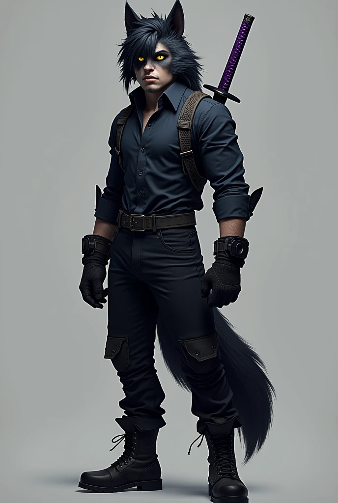 An anthropomorphic Sonic-style wolf, Short Long Black Hair, hair halfway down the left side of the eye and with a slightly large ponytail, with big yellow eyes, with black cold weather blouse with dark blue shirt, black pants and black men&#39;s boots, with black gloves, and with a purple Katana on his back.