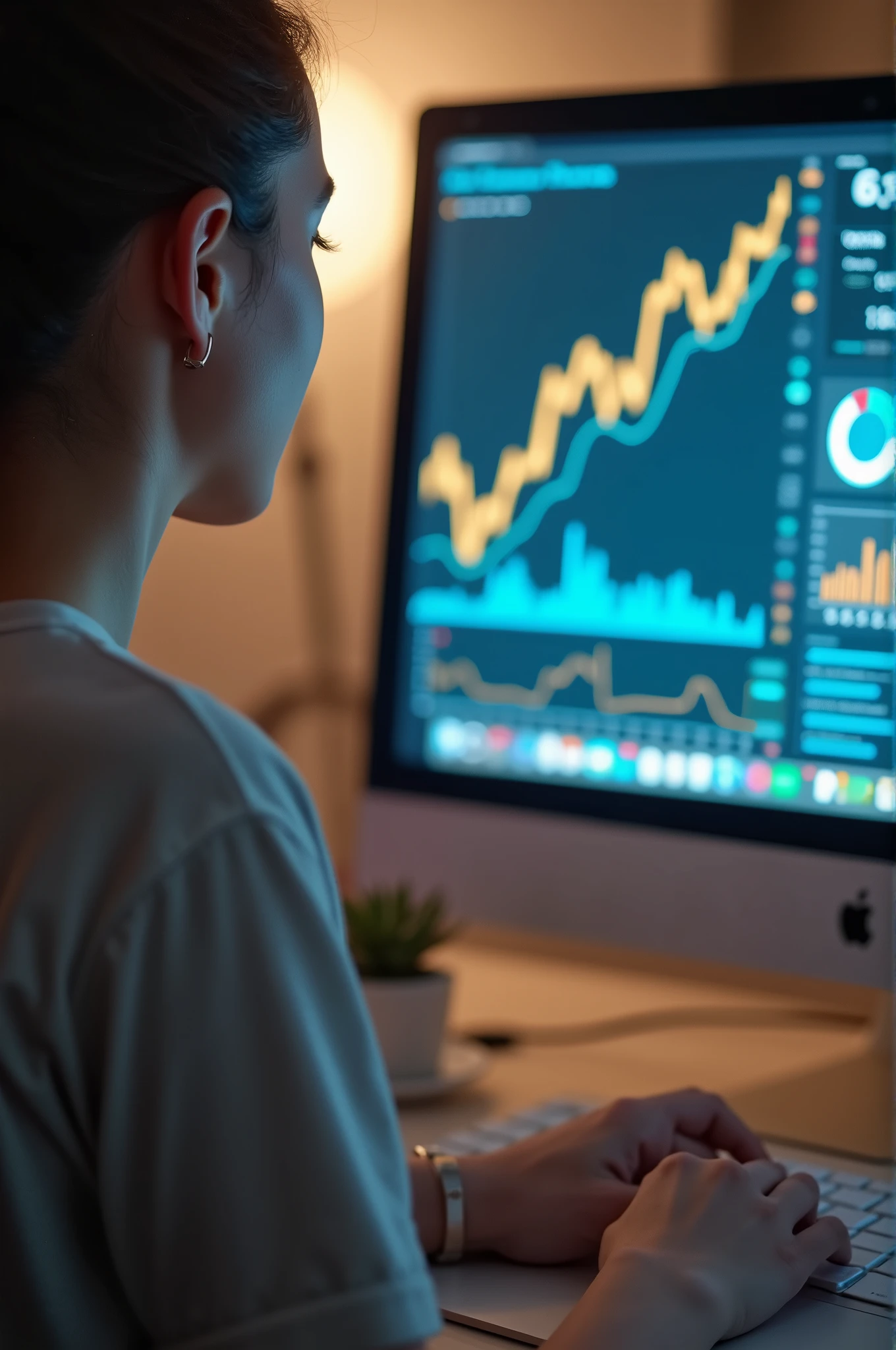 a woman working on her computer ,growth chart on computer,photo realist, focus on the hand with the computer