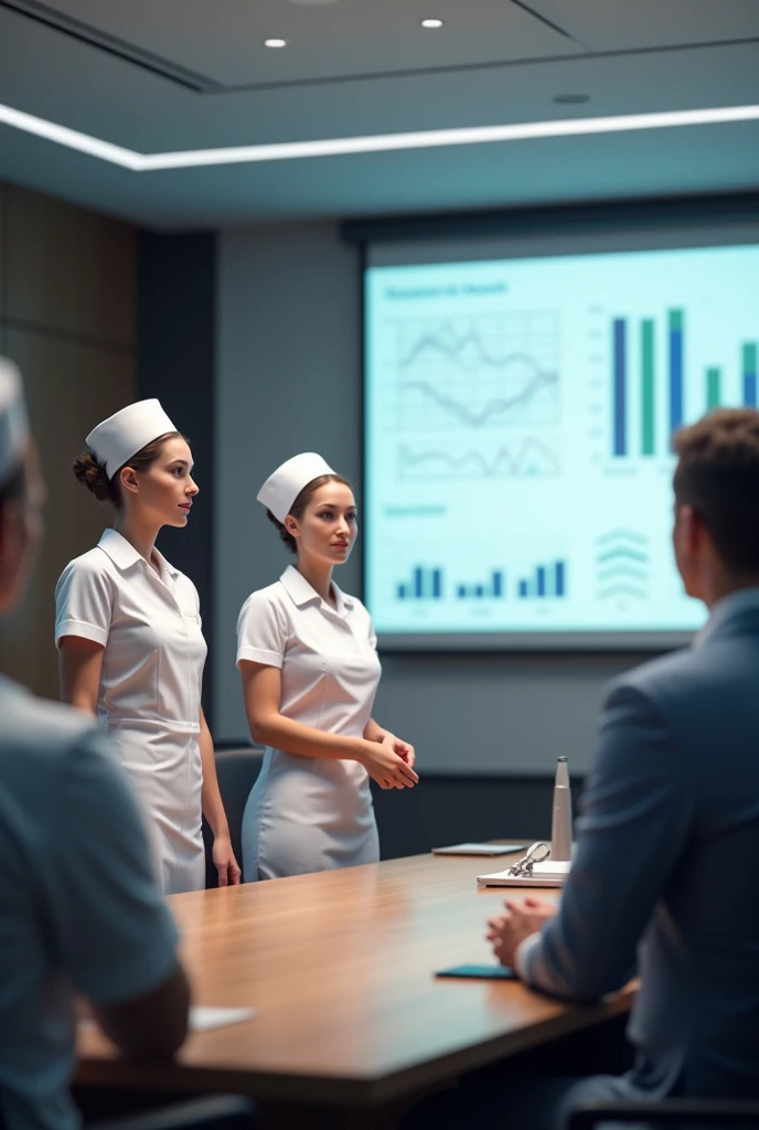 Realistic image of a team of nurses in white uniform, cap and bun projecting a presentation of a health company to executives