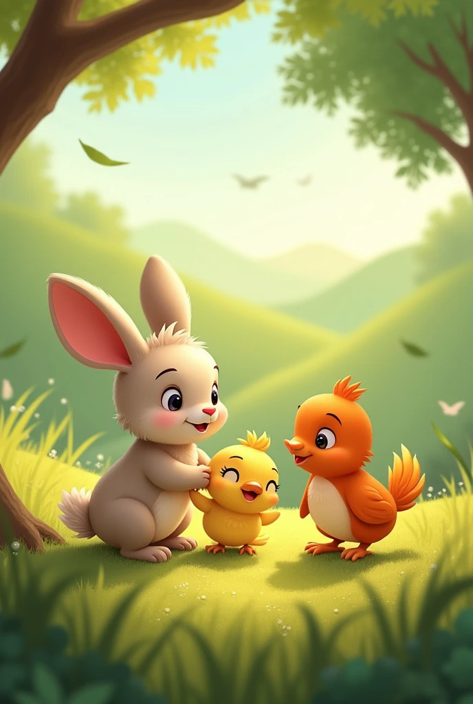 His friends, the little rabbit Rabi and the bird Chanchal, come to his side.