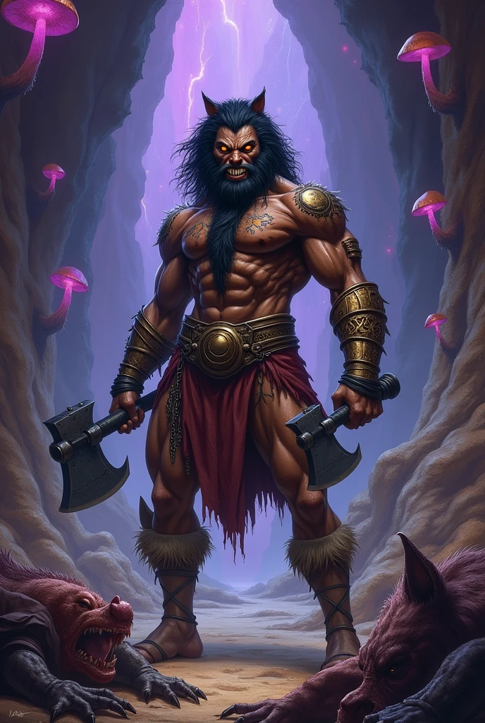 A tall, handsome, muscular, hairy, rugged African man. smirking sharp teeth, Hairy, orange eyes, wolf ears, wild black long curly wavy hair , stubble, side burns, werewolf claws, scars, in lightweight bronze armor over armor, in In maroon loincloth . chains on wrist, In dark cave arena, luminescent mushrooms and purple glowing crystals Standing over unconscious enemies and monsters. Holds axe in right and sword in left. I’m Hand drawn fantasy art.