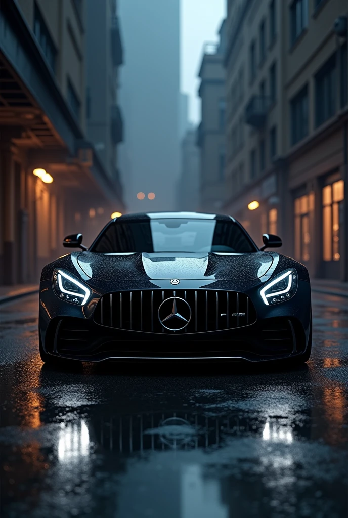 A car Mercedes Benz in black colour stand on road in dark night in surrounding of building