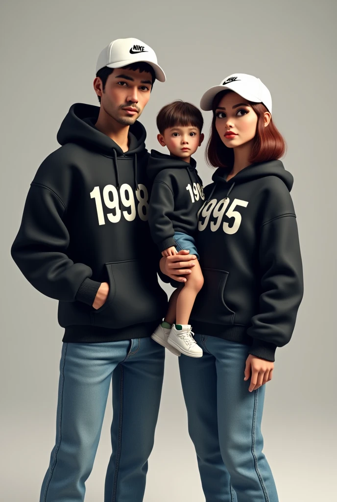 3D a man with white nike cap,wear black hoodie with number 1998 on hoodie ,wears blue jeans while standing besides a woman with white nike cap with short shoulder hair, wear black hoodie with number 1995 on hoodie ,wears blue jeans holding boy with black hoodie
