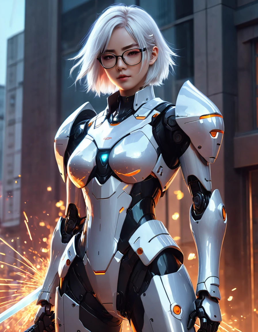 A cinematic medium shot . there is a robot with white hair and glasses standing in front ofa building, anime mecha 
aesthetic, ross tran 8 k, anime robotic mixed with organic, advanced digital anime art, detailed digital anime art, badass anime 8k, best anime 4k konachan wallpaper, digital cyberpunk anime art, guweiz on artstation pixiv 
The background is dark with sparks and embers, giving an intense and fiery ambiance. The character stands confidently, with one glowing sword crossed over the other on his back.