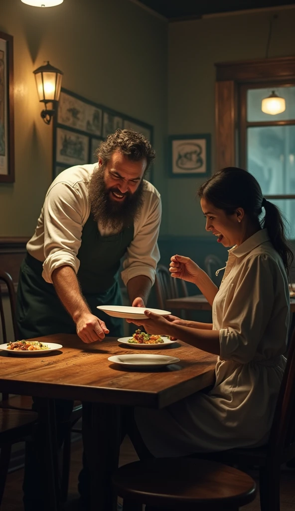 A waitress then approaches to serve up their food, but as she places it on the table, the man with beard leans over and smashes an empty plate in her face.