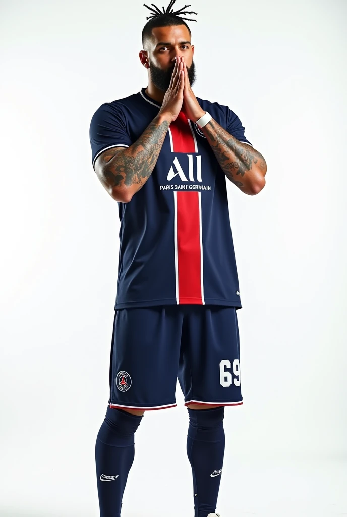 Young 2 sexy Rude gangster with black hair shaved on the sides with braids brown eyes thick lips athletic body masculine energy and sexy defined chin white trimmed beard colored tattoo marked biceps wears black colored man Muslim style, He wears the navy blue PSG uniform with a central red and white stripe., Navy blue shorts with the number 69 and white cleats. The background is white and he is standing proudly kissing the team's jersey. 8k