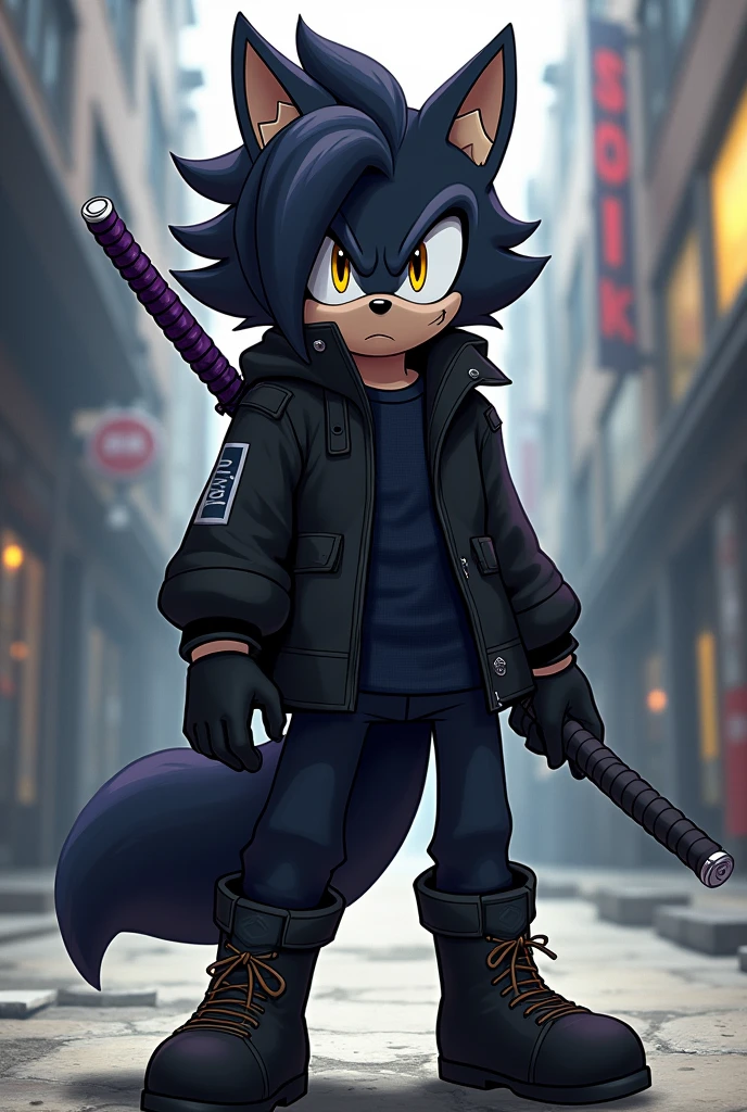 An anthropomorphic Sonic-style wolf, Short Long Black Hair, hair halfway down the left side of the face and with a slightly large ponytail, with big yellow eyes, with black cold weather blouse with dark blue shirt, black pants and black men's boots, with black gloves, and with a purple Katana on his back.