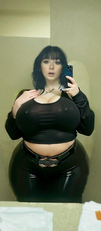 arafed woman taking a selfie in a mirror with a cell phone, with pale skin, she looks like a mix of grimes, goth girl aesthetic, 1 goth girl, looks like a mix of grimes, goth aesthetic, pale goth beauty, looks a blend of grimes, very very very pale white skin, resembling a mix of grimes, Big tits, huge , no clothes, sexy, cute, wide hips, thick thighs, pear-shaped body, minimal clothes, thick, bbw, chubby stomach, thick nipples, nipple piercings, large areola, hard nipples, piercing through shirt, nipples hard through shirt, busty, major cleavage, naked, ripping through top, spilling over sides, bra too tight, giant , dominatrix, dominatrix clothes, revealing clothes, ass so fat you can see it from the front