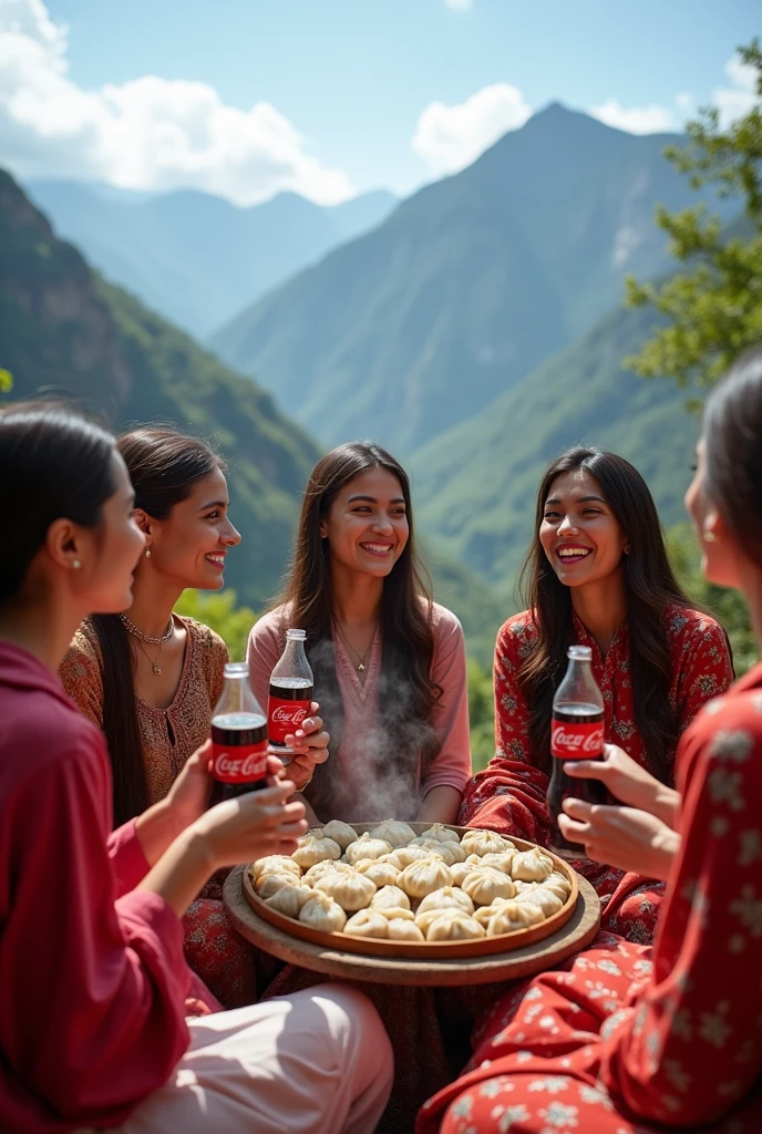 Will please create a photo of beautiful group of ladies sitting in Nepal beautiful place Mustang and eating tapari momo with coke