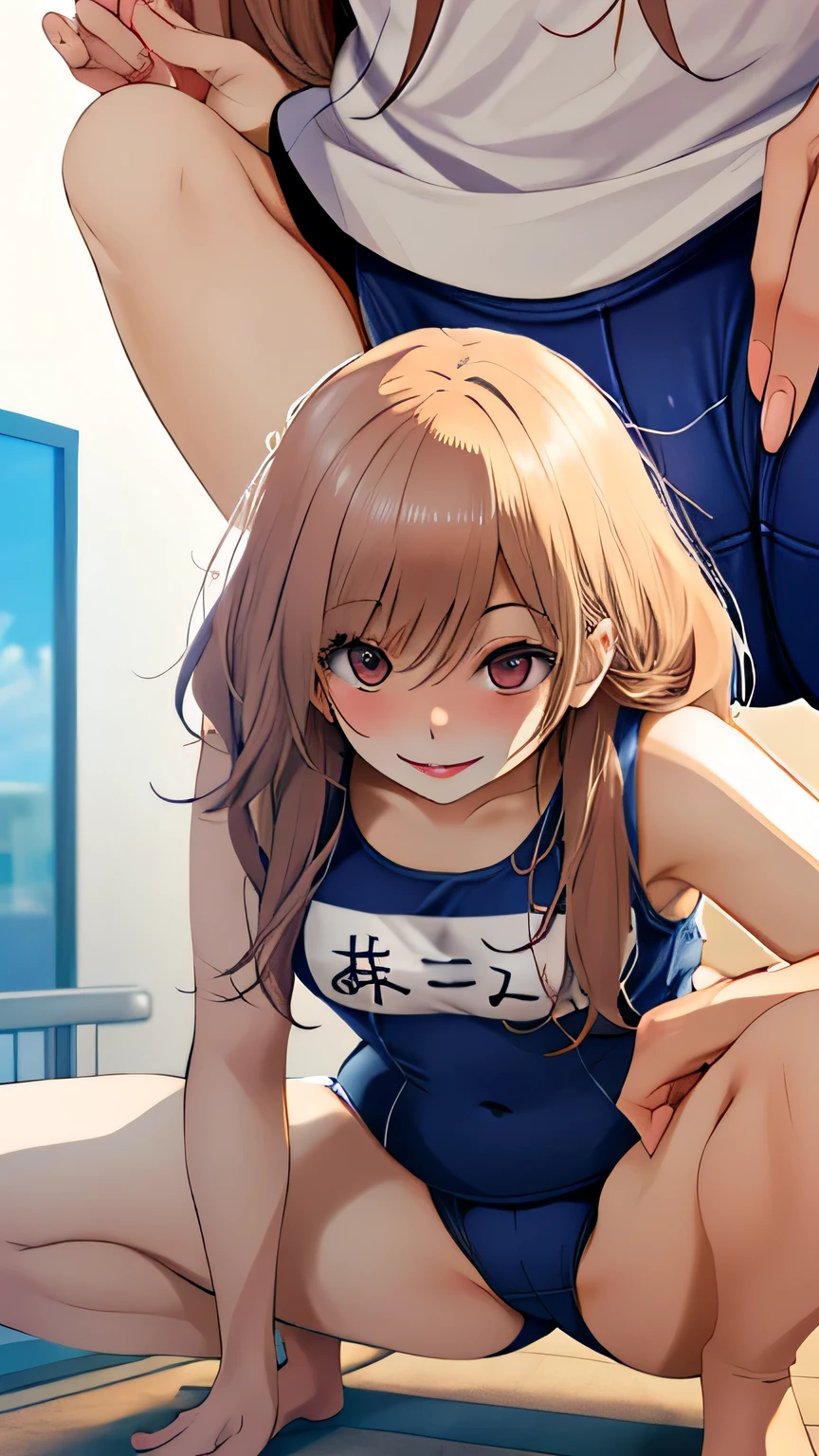 Tabletop, Highest quality, figure, Very detailed, In detail, High resolution, 8k wallpaper, Perfect dynamic composition, Beautiful attention to detail, (School Swimsuit)、(Squatting and spreading legs 1.2),Medium Hair, Natural color lip, Random sexy poses,smile,