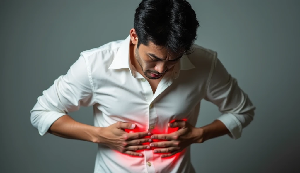 Highest quality、Overeating、A Japanese man clutching his stomach in pain