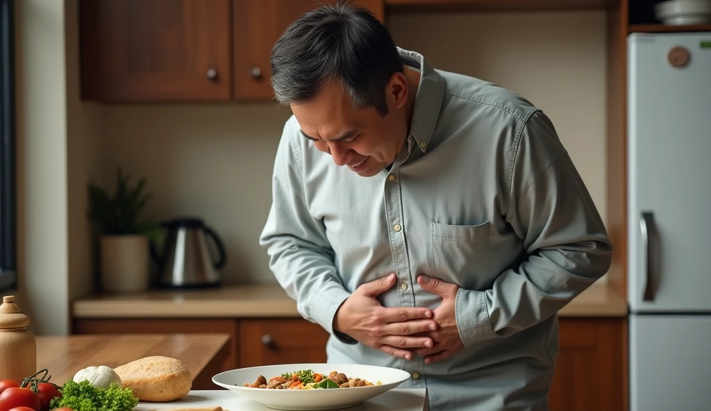 Highest quality、Overeating、A Japanese man clutching his stomach in pain