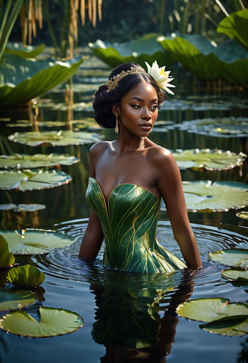 "A woman, mesmerizing and dignified, embodies the majestic beauty of the Victoria regia plant. She has a serene, almost ethereal presence, with deep, lustrous skin that contrasts beautifully with the lush, verdant backdrop of the water lilies. (((A woman with radiant, deep black skin, 5'7"))) (((breathtaking and majestic))), her curly, voluminous, flowing hair is adorned with delicate, shimmering details that catch the light, echoing the iridescence of the large, floating leaves of the lilies. She stands gracefully at the edge of a tranquil lake, surrounded by the large Victoria regia, its enormous circular leaves forming a natural emerald throne. The foliage around her. Her dress is a deep, flowing green fabric that reflects the colors of the water lily pads, with intricate patterns inspired by the plant's distinctive shapes. The waters of the lake.

Her eyes are a rich, captivating brown, with a depth and wisdom that matches the serene environment. The reflections in the lake and the soft, floating flowers contribute to the tranquil and otherworldly ambiance.

8K, your presence is majestic and enchanting, extremely detailed (high quality, realistic, photorealistic: 1.37), with ideal proportions and smooth, glossy skin, meticulously crafted features, unparalleled beauty, perfection, artistic artistry, vivid realism, hyper-detailed sculpting, realistic forms, truly awe-inspiring, impeccable craftsmanship, pure brilliance, natural beauty, delicate yet powerful contours, striking poses, sublime elegance, subtle nuances, dynamic compositions, perfect lighting, serene expressions, celestial aura, majestic presence, dreamlike atmosphere, unparalleled detailed high-octane rendering, trending on artstation, 8k art photography, photorealistic concept art, cinematic volumetric soft natural light, chiaroscuro, award-winning photography, fine art, oil on canvas, beautiful, detailed, intricate