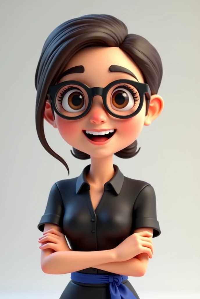 A full body 3D cartoon character. She has a friendly and charismatic appearance. The character is a young woman with fair skin, dark brown hair combed up, thick eyebrows, large brown eyes and wears glasses. She is smiling confidently. The character is dressed formally, wearing a black dress with a blue sash at the waist. She has her arms crossed in front of her body. Your posture and relaxed posture suggest confidence and ease. The background of the image is neutral, which highlights the character even more.