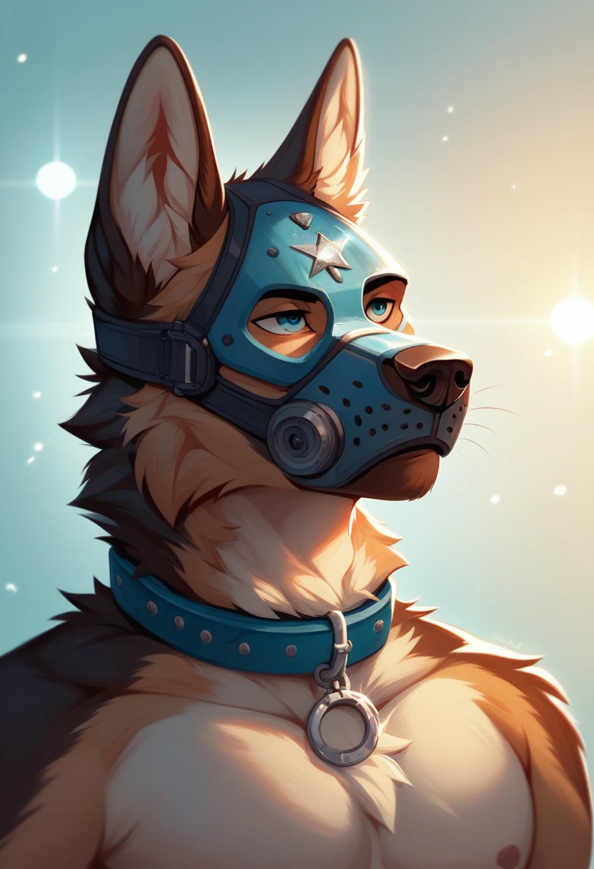 male, German Shepherd, Shaggy, Fur, neutral, thong,collar,series,Eye mask,capture,Dynamic lighting, clarification, Beautiful, particle (High quality,4K,8 k,High accuracy,Masterpiece:1.2), Very detailed, impressionism:Rich and colourful,Southwestern Financial Group