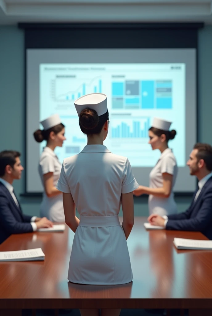 Realistic image of a team of nurses in white uniform, cap and bun projecting a presentation of a health company to executives