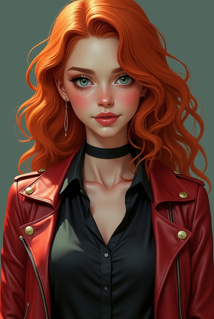 Sixteen-year-old female ager, tall and with big breasts, white skin with freckles, curly orange-red hair and blue-green eyes. Wearing a black blouse under a red leather jacket