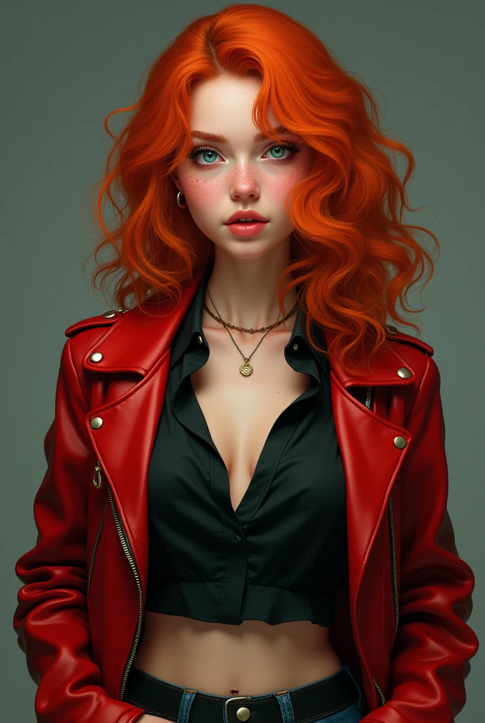 Sixteen-year-old female teenager, tall and with big breasts, white skin with freckles, curly orange-red hair and blue-green eyes. Wearing a black blouse under a red leather jacket