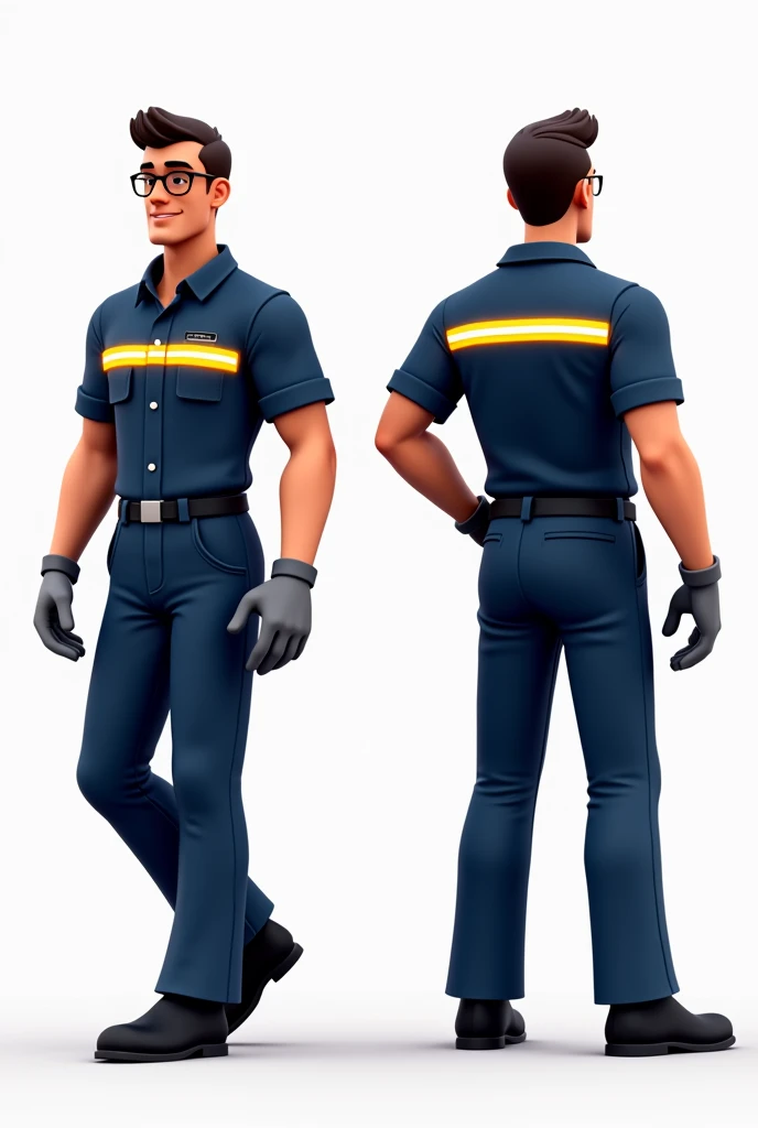 Man from front and back wearing dark blue work clothes with a single horizontal yellow reflective stripe on the front and back of the shirt and a yellow reflective stripe on the pants, that you have safety elements such as glasses, grey gloves and black shoes.
that the drawing is animated