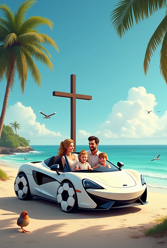 In this drawing I want me and my family inside a sports car on a beach., I want the car wheels to be replaced by soccer balls,and above all a Catholic cross 