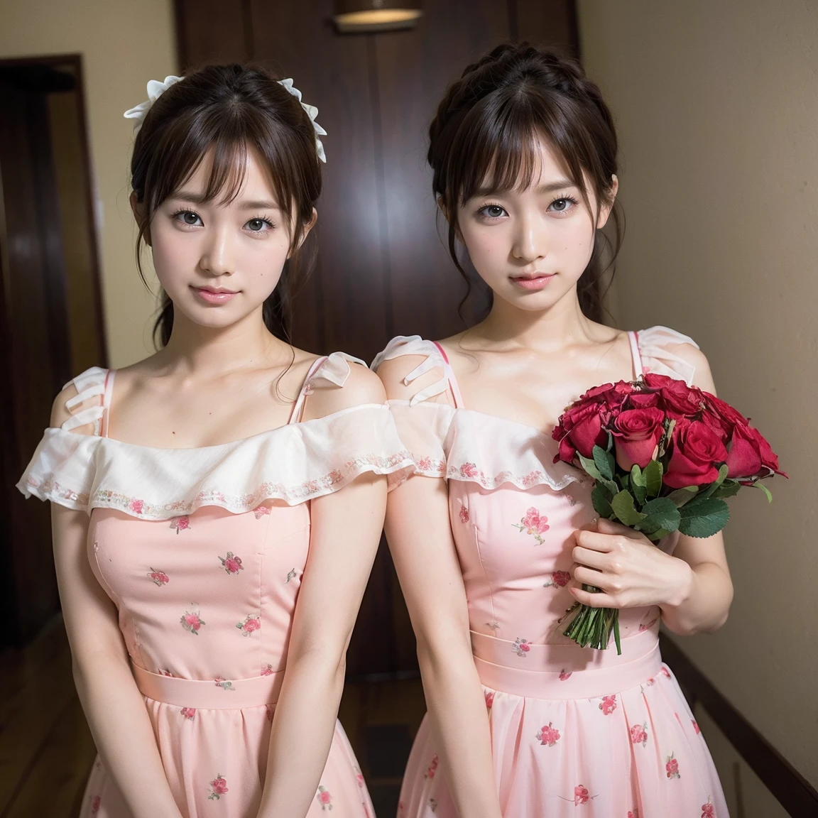 Identical twin sisters exhibition, Medium Shot, Written boundary depth, bust, Upper Body, Movie angle, masterpiece, Highest quality, Very detailed, CG, 8k wallpaper, Beautiful Face, Delicate eyes, Otome, alone, smile, bangs, skirt, shirt, have, Crimson Dress, bow, petal, bouquet