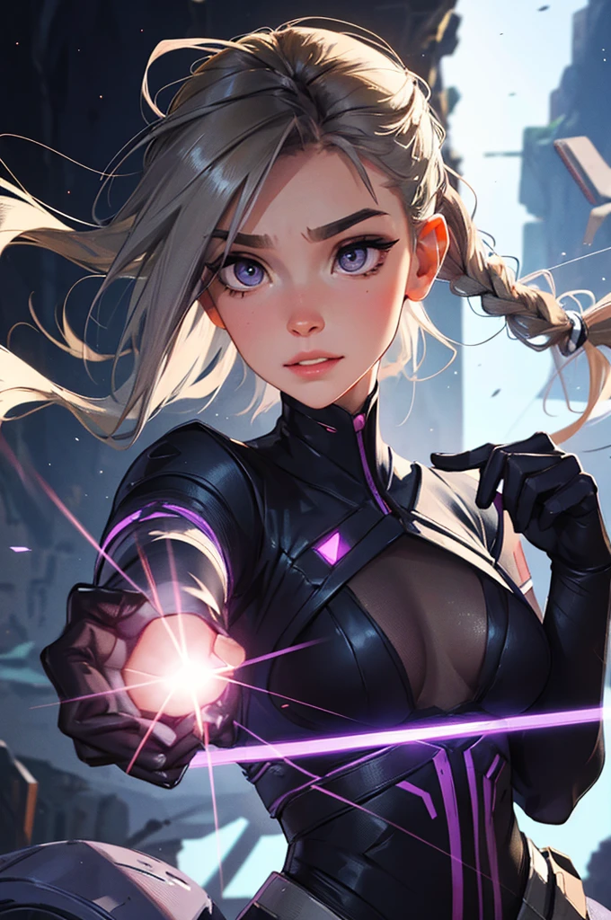 portrait, close-up, 2 female, Personagem feminina futurista, mechapunk, Lyra has a feline grace. Her hair, a cascade of silver that glinted in the faint starlight, is usually tied back in a braid that fell down her back, contrasting sharply with her olive skin. Her eyes have a vivid shade of violet, flickered with an almost ethereal light, scanning the surroundings. Lyra’s features are delicate yet steely, her full lips often curved into a wry smile that hinted at a sharp wit and a depth of emotion hidden beneath the surface. At her sides, she carries a pair of sleek pistols and small laser blades, ready to strike with deadly precision should the need arise. Her movements are fluid, almost dance-like, each step measured and deliberate, as though she is a predator stalking unseen prey. Lyra silhouette is tall and lithe, with a lean, muscular build that speaks of agility and strength with eyes set deep beneath dark, expressive brows. She has a strong, angular jawline that contrasts with her softer features, hinting at her inner strength and resilience. Her nose is slightly upturned, adding a hint of mischief to her otherwise serious demeanor. Her hands, although slim and delicate-looking, have a firm grip. Her fingers are long and nimble, perfect for the quick draw of pistols.