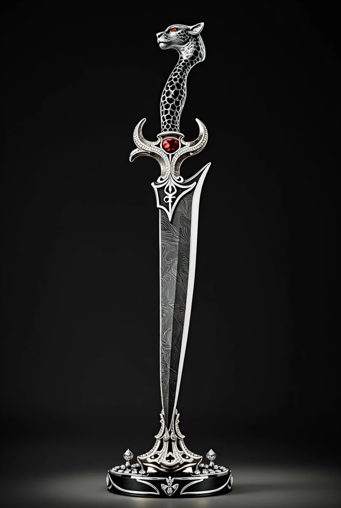 A magnificent "Naomi Black Panther" dagger prominently displayed on an elegant stand, crafted from the finest materials of Damascus steel, silver, diamonds, garnets, and ebony. The dagger's blade, forged from the intricate and gleaming patterns of Damascus steel, is a masterpiece of craftsmanship, reflecting the fiery beauty of its namesake. The hilt, adorned with silver inlays, is shaped with soft, flowing curves that embody the essence of feminine grace. At its pommel, a majestic black panther's head, studded with fiery garnet eyes and a set of alluring garnet lips, exudes a romantic yet powerful presence. The stand itself is an artistic composition, made of rich ebony wood that contrasts the silver and steel, with delicate diamond accents that dance in the light, mirroring the dagger's own opulence. The artful beveling of the metal surfaces creates a mesmerizing interplay of light and shadow, while the silver trim, studded with sparkling diamonds, traces the contours of the dagger, highlighting its elegant form. Despite the sharp, predatory nature of the blade, the focus lies on the artistic splendor of the piece, suggesting that it is more of a jewelry item than a weapon. The overall aesthetic is one of luxury and refinement, a testament to the sophisticated taste of its owner and the masterful skill of its creator.
