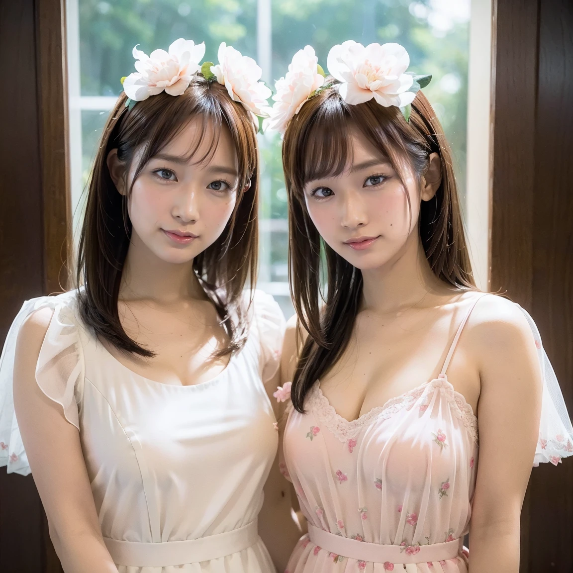 Identical twin sisters exhibition, Medium Shot, Written boundary depth, bust, Upper Body, Movie angle, masterpiece, Highest quality, Very detailed, CG, 8k wallpaper, Beautiful Face, Delicate eyes, Otome, alone, smile, bangs, skirt, shirt, have, Crimson Dress, bow, petal, bouquet