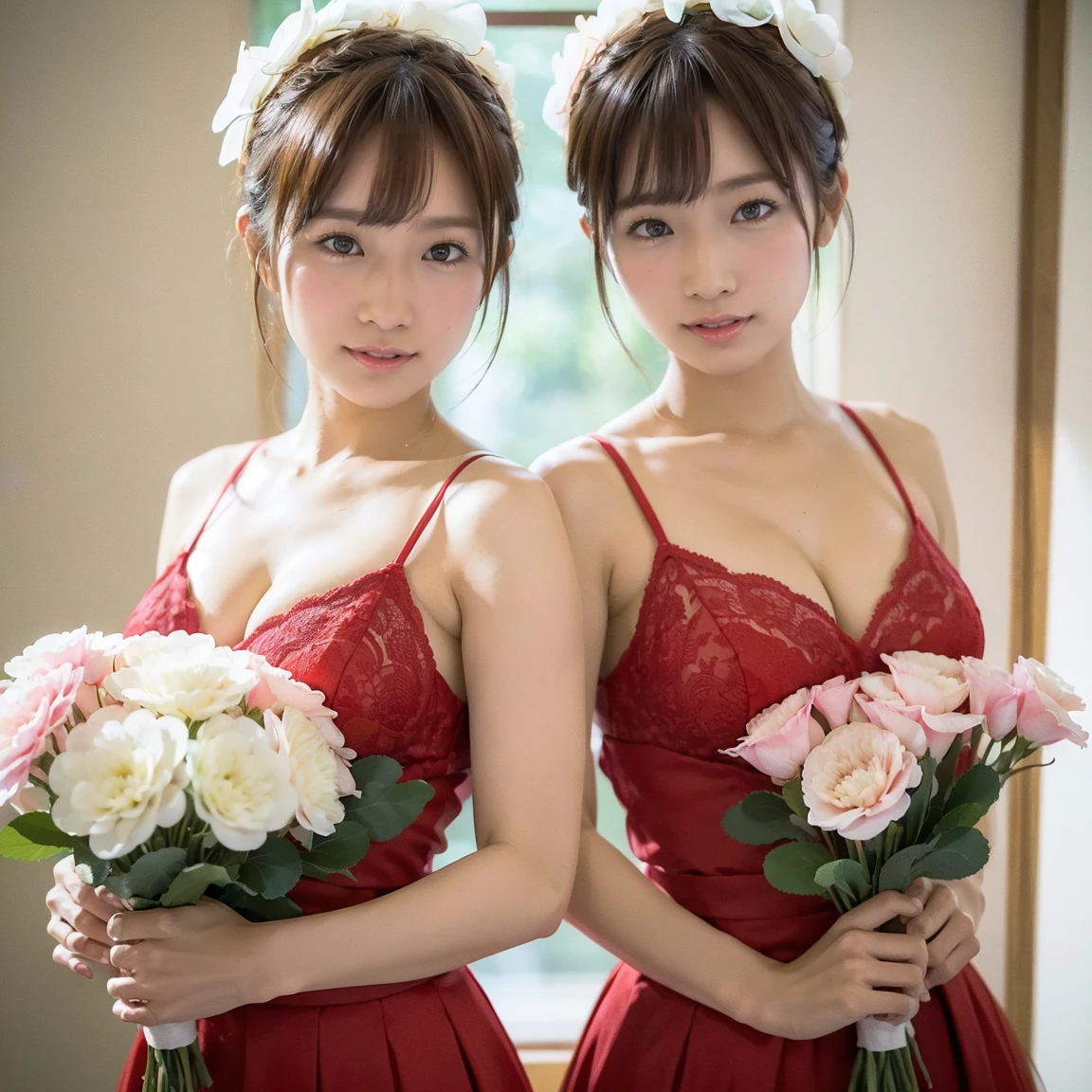 Identical twin sisters exhibition, Medium Shot, Written boundary depth, bust, Upper Body, Movie angle, masterpiece, Highest quality, Very detailed, CG, 8k wallpaper, Beautiful Face, Delicate eyes, Otome, alone, smile, bangs, skirt, shirt, have, Crimson Dress, bow, petal, bouquet