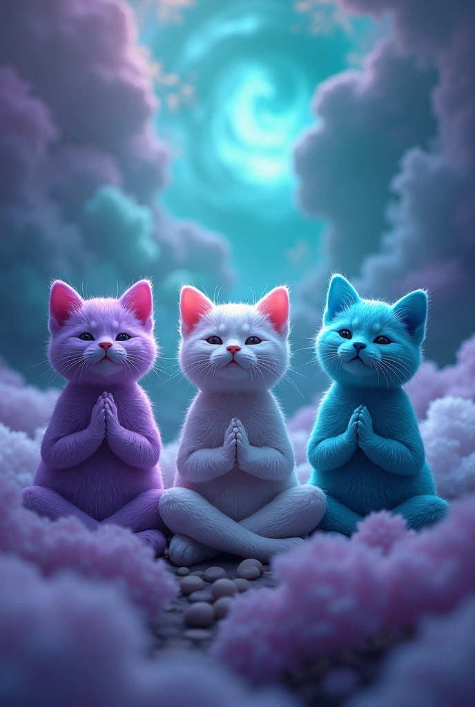 Create three cute cats, cute, hiper realisitic, realisitic, 真实感, They are meditating, they meditate, they are purple, turquoise and blue, Are they happy, and the background is the turquoise and purple galaxy