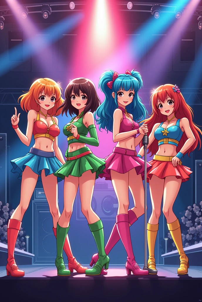 {
  "prompt": "A vibrant and energetic girl idol group from the 1980s, depicted in anime style. The group consists of four members, each with distinct and colorful outfits featuring bright neon colors, leg warmers, and big hairstyles typical of the '80s. The scene captures them performing on a stage with retro microphones, with colorful spotlights and a lively audience. The background is a big concert an '80s-style music concert ambiance with neon lights, cassette tapes, and vintage musical instruments. The characters have expressive faces and exaggerated, dynamic poses, reflecting the excitement and energy of the era. The overall style should blend the classic anime look with the iconic '80s fashion and aesthetics.",
  "size": "1024x1024"
}
