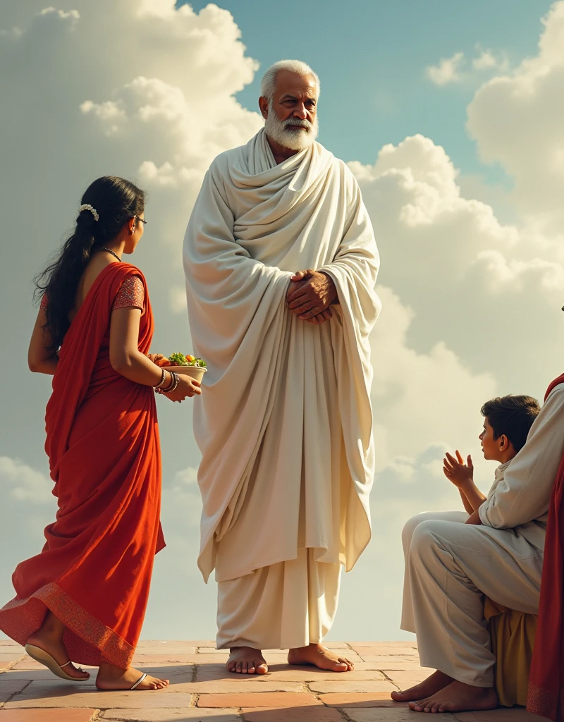 Draw an image of Tejaji Maharaj. Tejaji Maharaj is wearing white clothes, which shows his royal dignity. He has white shiny shoes on his feet. He has only a mustache on his face, which shows his strength and courage. The sky is cloudy and the sun is hot. A woman wearing a red saree brings them food.