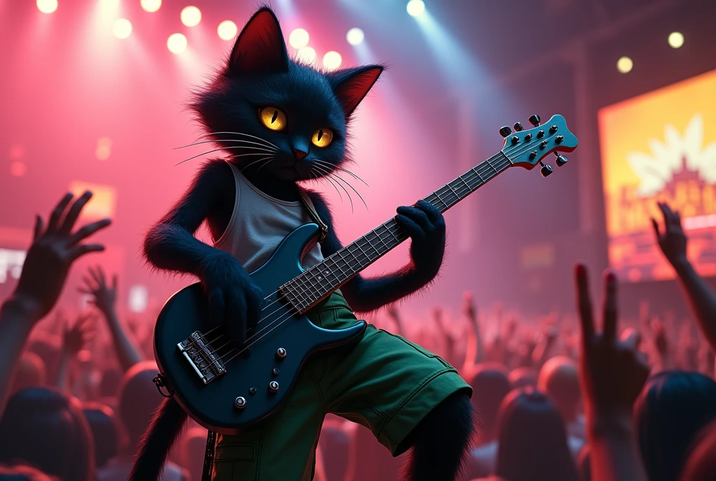 night, kitty, black hair, bassist cat, playing bass, bass guitar,wearing green long shorts, sleeveless shirt, in rock concert, rock festival, from above