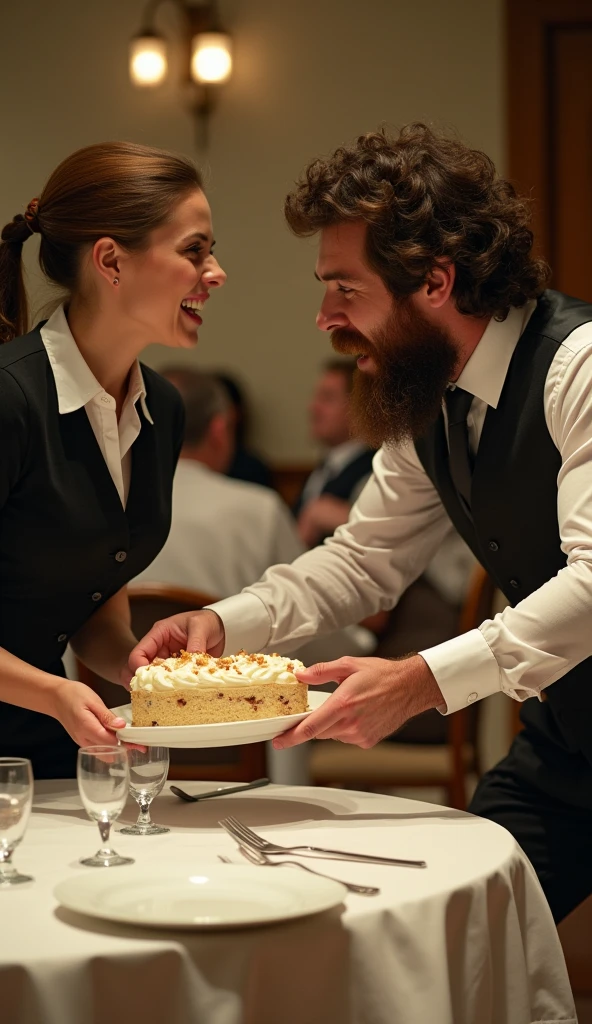 A waitress then approaches to serve up their food, but as she places it on the table, the man beard leans over and smashes an cake plate in her face.