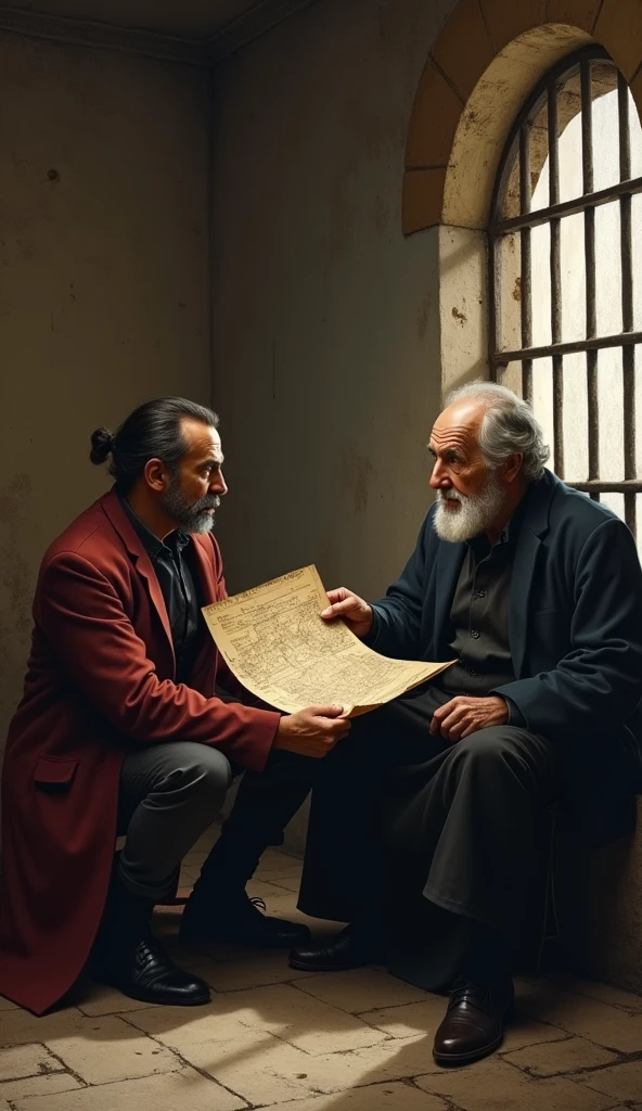 Edmond Dantès and Abbé Faria, assis côte à côte dans une cellule de prison, the old abbot showing a treasure map to Edmond, while Dantès listens attentively.
