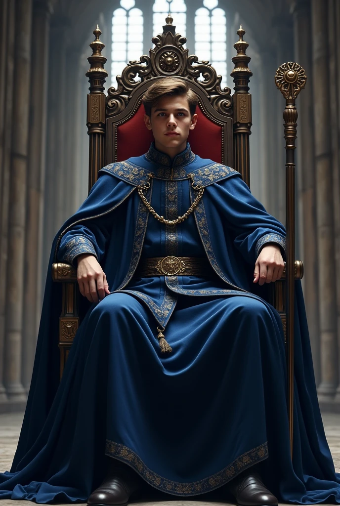 seated king Young king on a throne in the castle hall with dark blue clothes and a scepter, ralista In a large hall