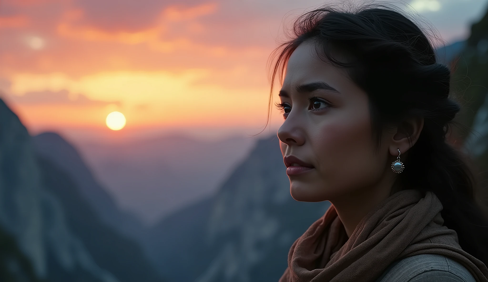 a closeup photo of a pensive woman on a mountain at sunset