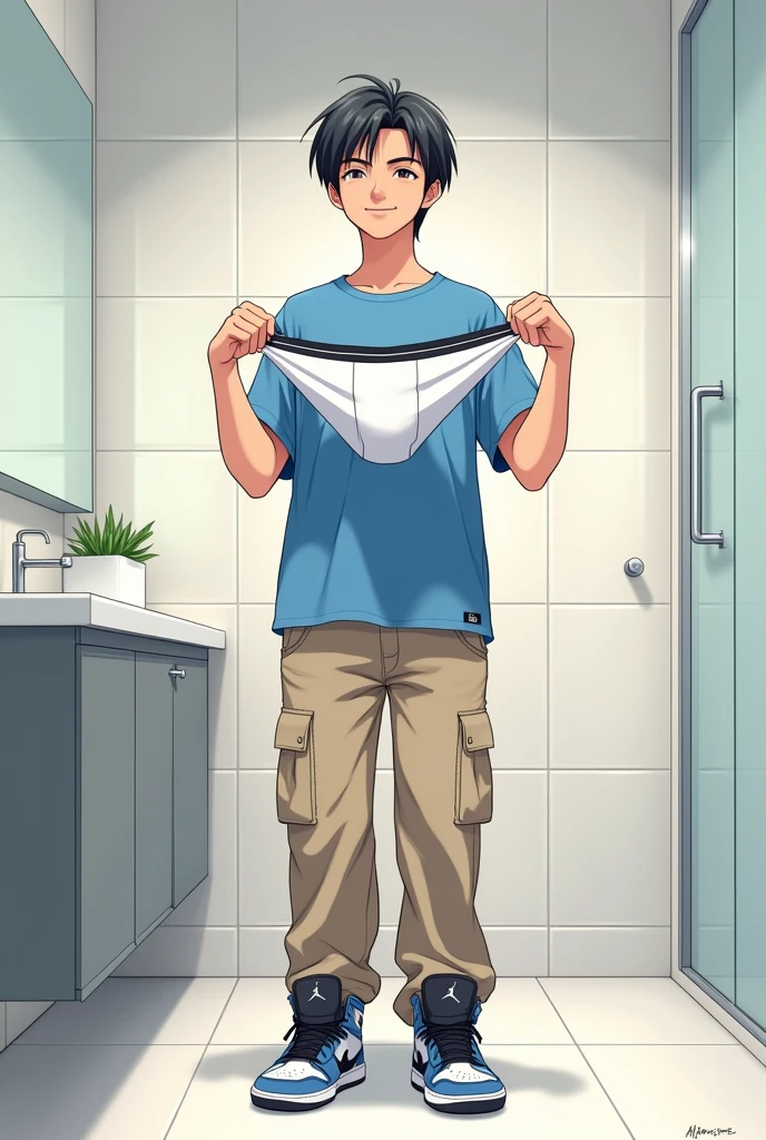 into the image, a cool male teenager with 1,80 tall, with white skin and straight black hair, is posing in a bathroom. He wears a blue t-shirt and beige cargo pants., complemented by a pair of Air Jordan sneakers in blue, black andwhite. The young man is holding 1 pair of underwear (of the boxer model), this underwear is white (of the size he uses) with both hands, showing it to the "Camera", with a happy and relieved expression. The bathroom in the background is modern and minimalist., with details like a large mirror and light tiles. The teenager&#39;s expression is relaxed and fun, besides him appearing relieved, giving a casual and informal tone to the image, In anime style, ele segura 1 cueca of the boxer model de tamanho que esse adolescente usa, He&#39;s not wearing any underwear and looks like he just took it off.!