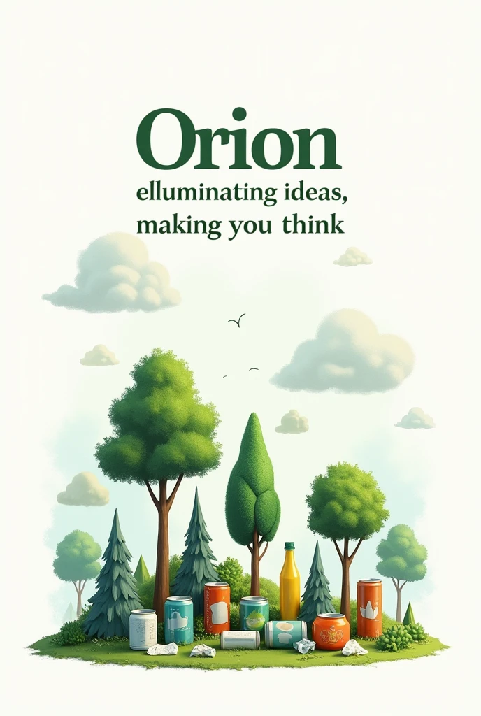 an art with the theme of recycling with trees and recycling items to raise awareness of recycling with the phrase Orion illuminating ideas, making you think and a simple art with a white background