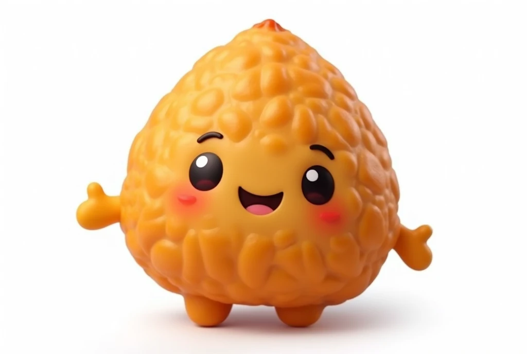 Create a hyper-realistic image of a mascot shaped like a coxinha, shown from a front-facing view. The coxinha should have a smooth, golden-brown exterior with a slightly crispy texture, capturing the realistic details of a freshly fried snack. Ensure the mascot has a friendly and approachable expression, possibly with cartoonish eyes and a smile. The background must be completely white, resembling a studio setting or transparent, with no distractions or additional elements. The entire coxinha mascot should be fully visible, with no parts cut off. Use soft, flattering lighting to highlight the texture and color of the coxinha, emphasizing its appetizing appearance. The image must be ultra photo-realistic, clear as crystal, 8K UHD, with fine details and a polished, high-quality finish. Ensure the entire image is very sharp and in focus, with no blurriness or softness. Use the lens at full aperture to achieve maximum sharpness and clarity