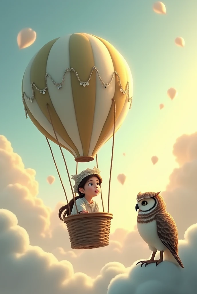 A hot air balloon and a girl inside it. They are floating  and looking at an owl